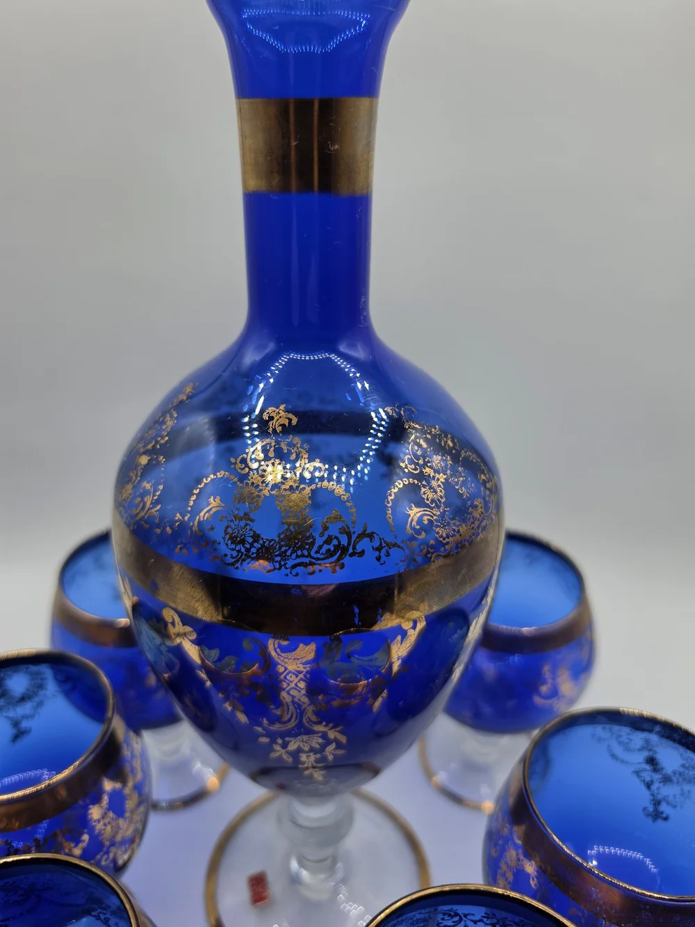 Vintage Italian Cobalt Blue & Gold Decanter Set – 7 Pc